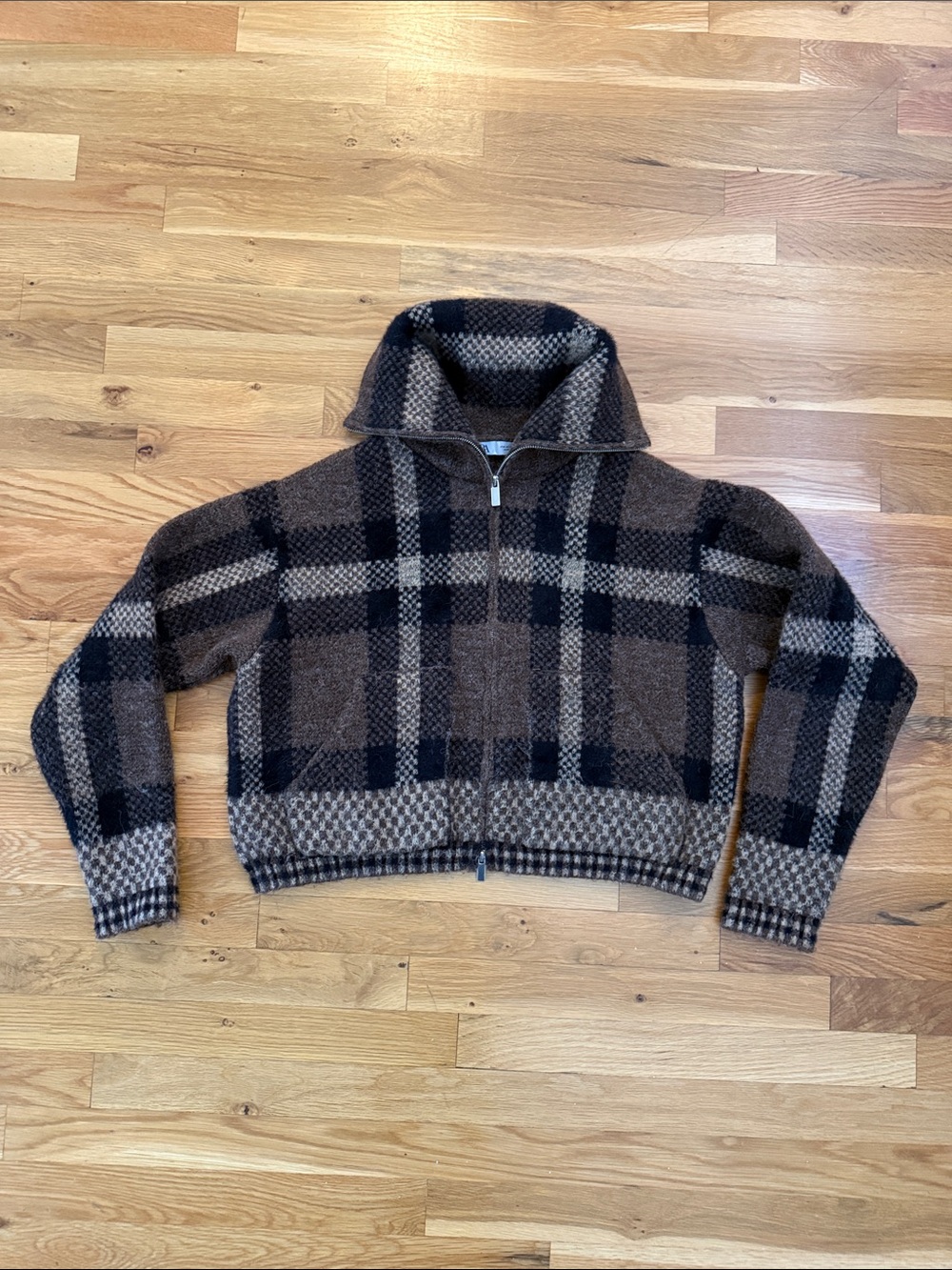 Zara Brown and Black Plaid Zip Cardigan